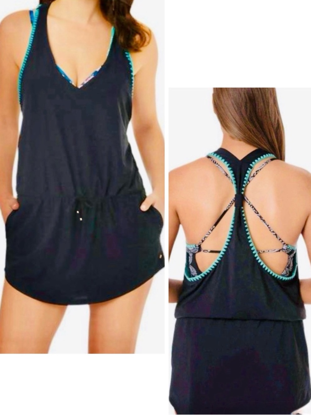 VERA BRADLEY Audrey No Wake Zone Black & Blue Swim Coverup Dress w POCKETS!